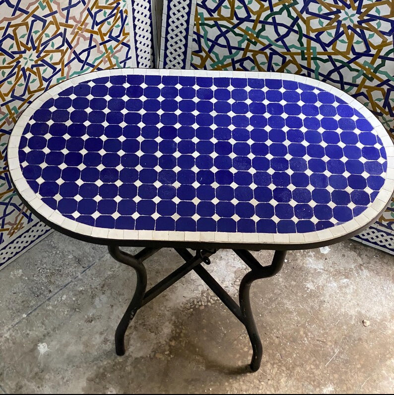 Handmade Moroccan oval  Mosaic Table – Blue & White Zellige Patio Table