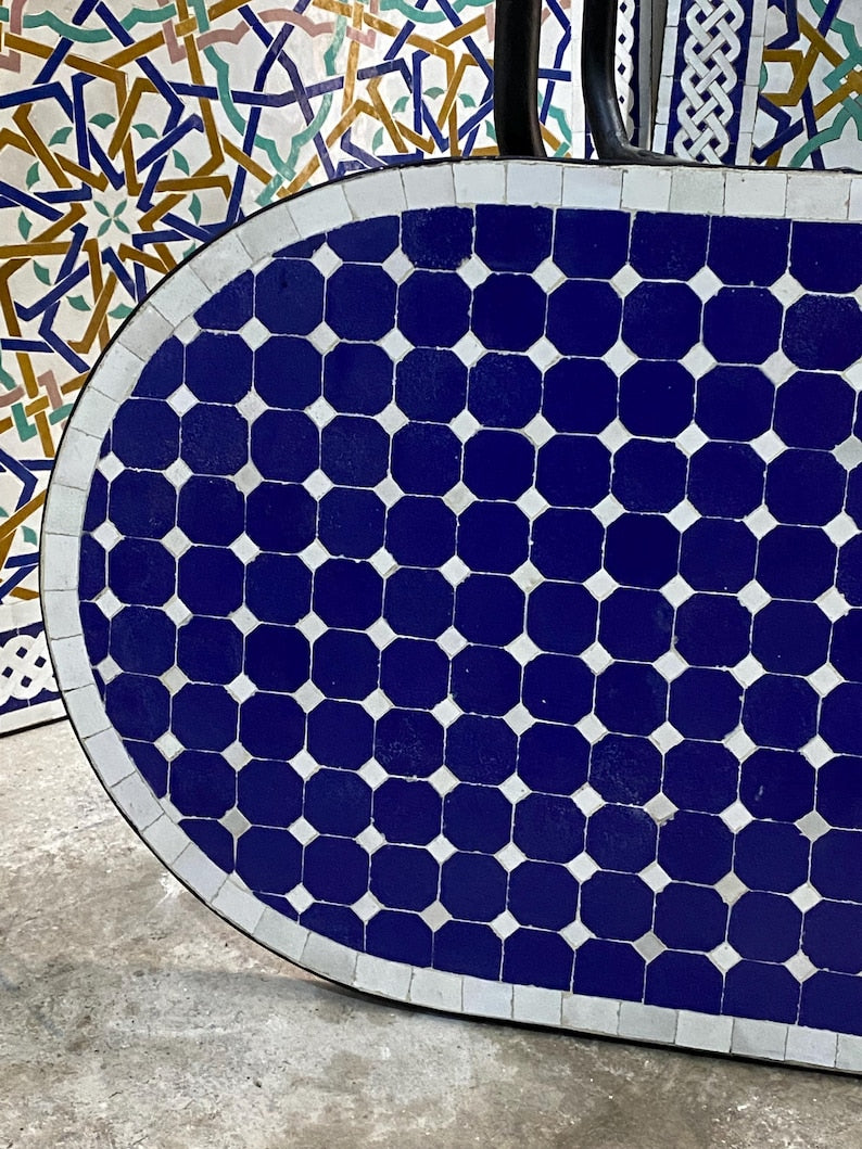 Handmade Moroccan oval  Mosaic Table – Blue & White Zellige Patio Table