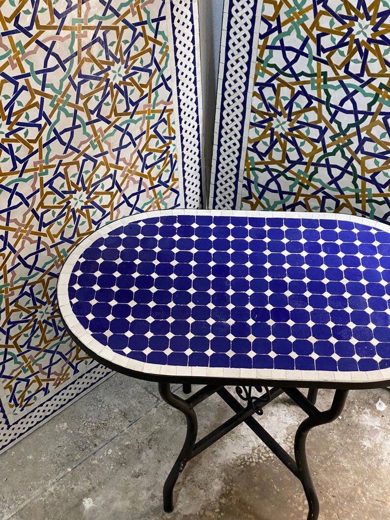 Handmade Moroccan oval  Mosaic Table – Blue & White Zellige Patio Table