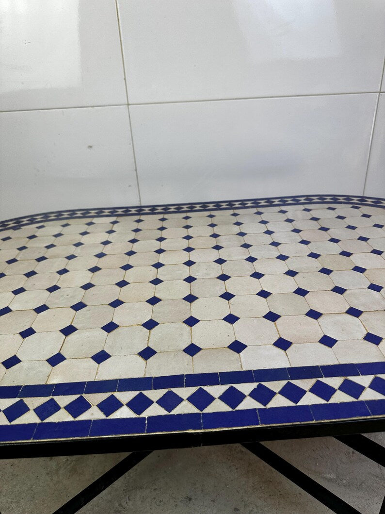Moroccan fez pottery mosaic oval table – Blue & White Zellige Design