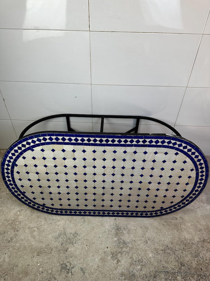 Moroccan fez pottery mosaic oval table – Blue & White Zellige Design
