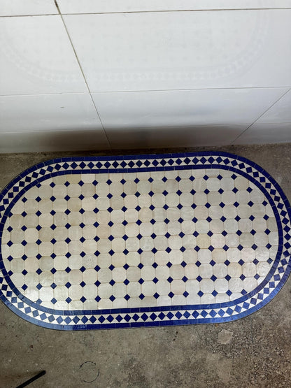 Moroccan fez pottery mosaic oval table – Blue & White Zellige Design
