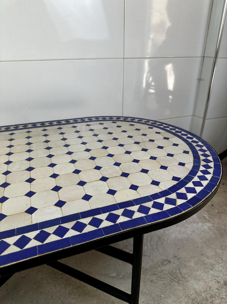 Moroccan fez pottery mosaic oval table – Blue & White Zellige Design