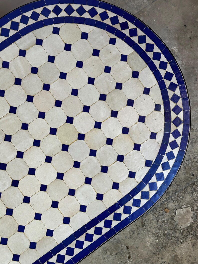 Moroccan fez pottery mosaic oval table – Blue & White Zellige Design