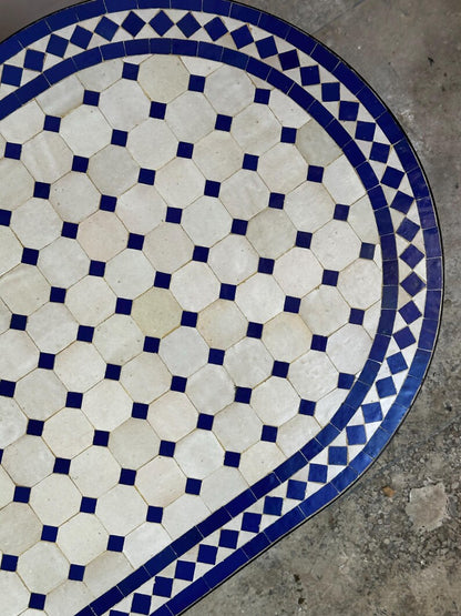 Moroccan fez pottery mosaic oval table – Blue & White Zellige Design