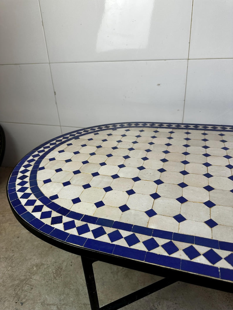 Moroccan fez pottery mosaic oval table – Blue & White Zellige Design
