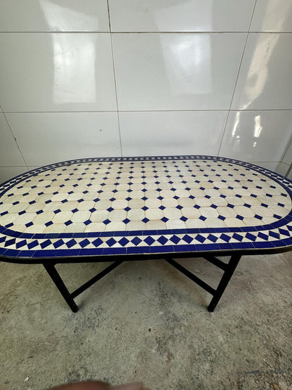 Moroccan fez pottery mosaic oval table – Blue & White Zellige Design