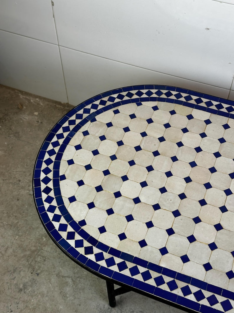Moroccan fez pottery mosaic oval table – Blue & White Zellige Design