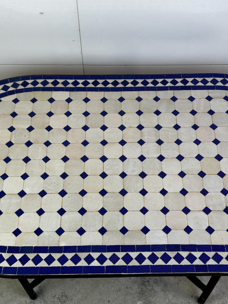 Moroccan fez pottery mosaic oval table – Blue & White Zellige Design