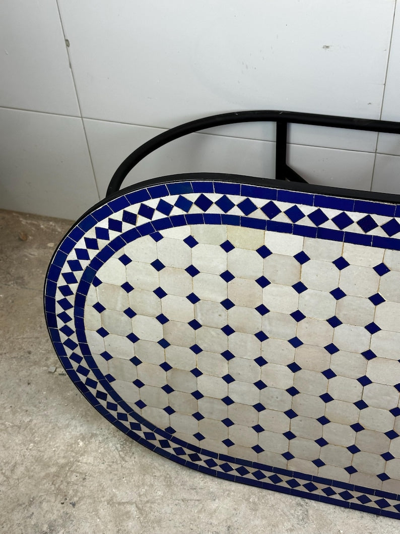 Moroccan fez pottery mosaic oval table – Blue & White Zellige Design