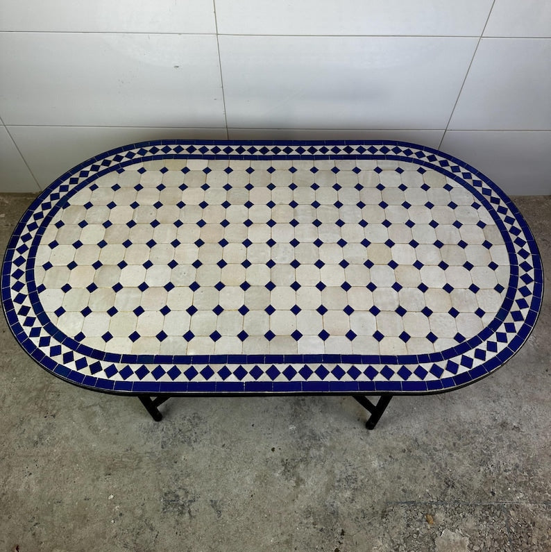 Moroccan fez pottery mosaic oval table – Blue & White Zellige Design