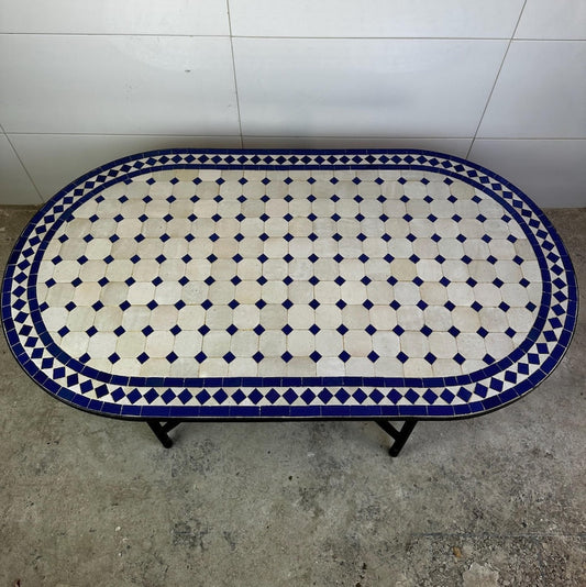 Moroccan fez pottery mosaic oval table – Blue & White Zellige Design
