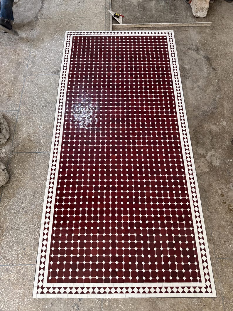 Handmade Moroccan Mosaic Dining Table – Burgundy & White Fassi Zellige