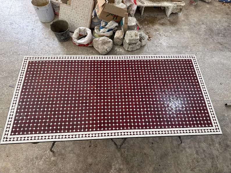 Handmade Moroccan Mosaic Dining Table – Burgundy & White Fassi Zellige