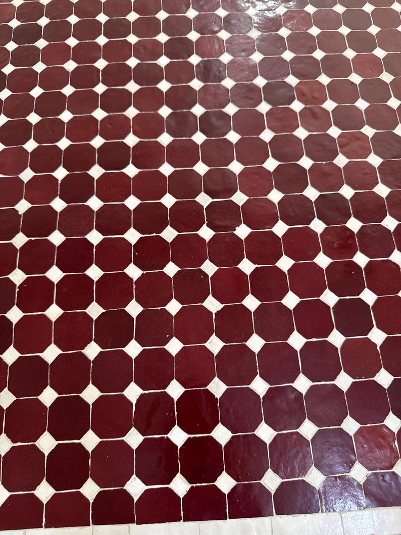 Handmade Moroccan Mosaic Dining Table – Burgundy & White Fassi Zellige