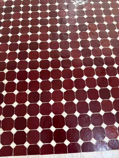 Handmade Moroccan Mosaic Dining Table – Burgundy & White Fassi Zellige