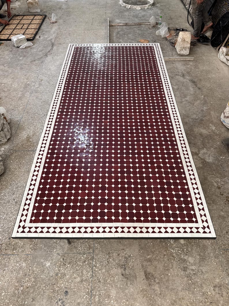 Handmade Moroccan Mosaic Dining Table – Burgundy & White Fassi Zellige