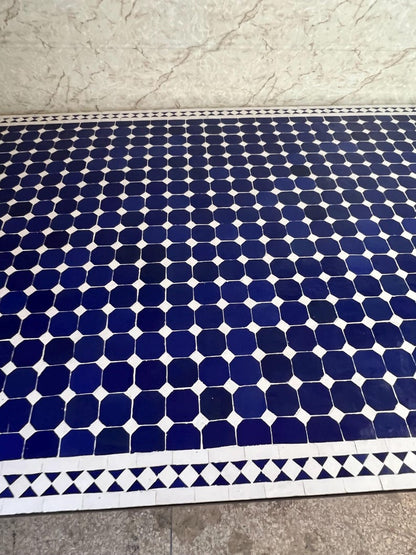 Moroccan Blue and White Zellige Mosaic Outdoor Dining Table – Handmade Fes Pottery