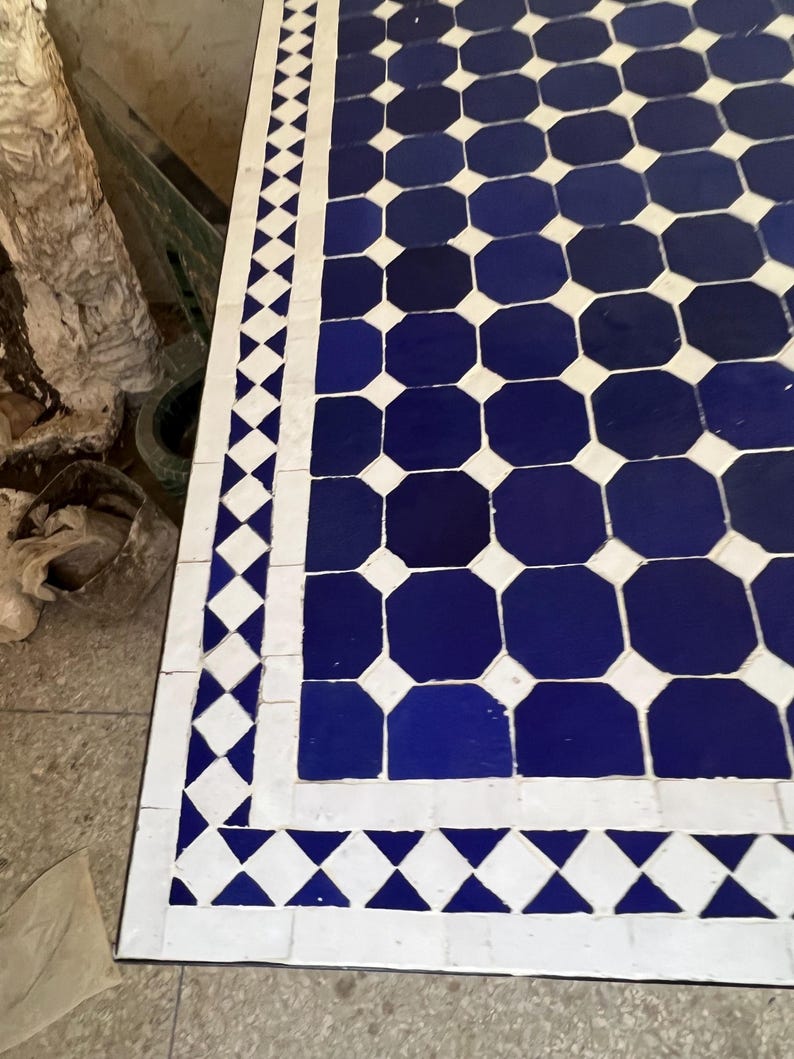 Moroccan Blue and White Zellige Mosaic Outdoor Dining Table – Handmade Fes Pottery
