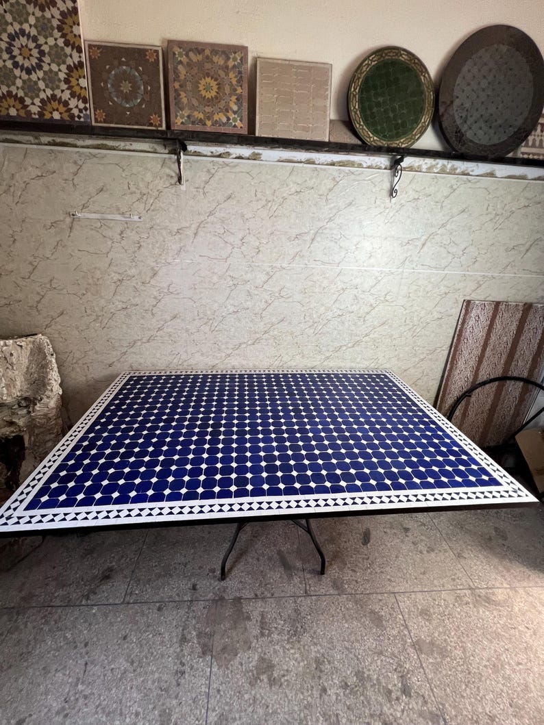 Moroccan Blue and White Zellige Mosaic Outdoor Dining Table – Handmade Fes Pottery