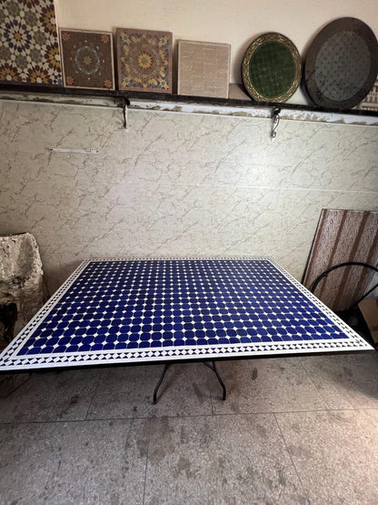Moroccan Blue and White Zellige Mosaic Outdoor Dining Table – Handmade Fes Pottery