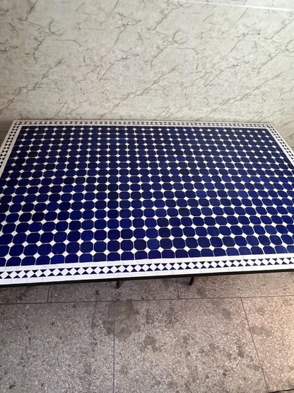 Moroccan Blue and White Zellige Mosaic Outdoor Dining Table – Handmade Fes Pottery