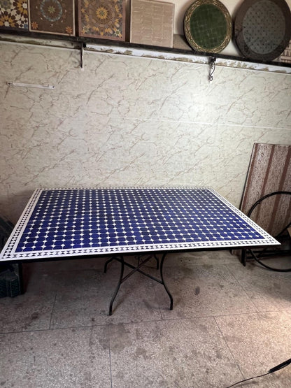 Moroccan Blue and White Zellige Mosaic Outdoor Dining Table – Handmade Fes Pottery