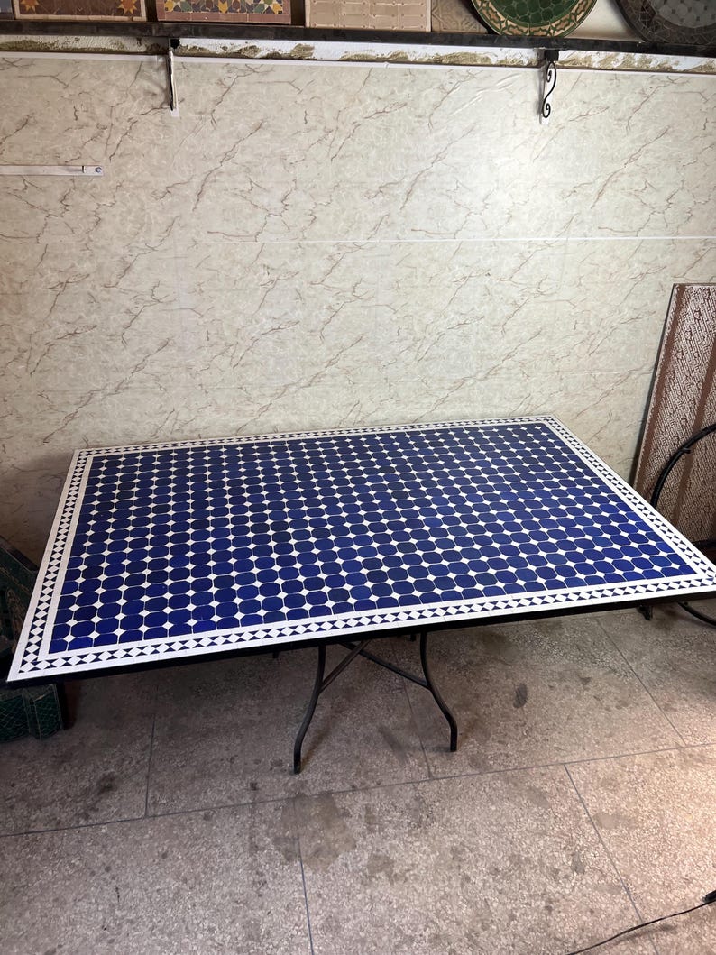 Moroccan Blue and White Zellige Mosaic Outdoor Dining Table – Handmade Fes Pottery