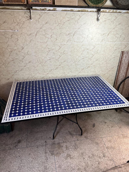 Moroccan Blue and White Zellige Mosaic Outdoor Dining Table – Handmade Fes Pottery