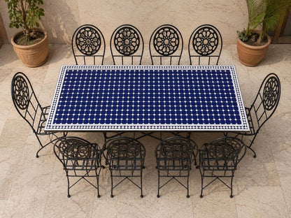 Moroccan Blue and White Zellige Mosaic Outdoor Dining Table – Handmade Fes Pottery