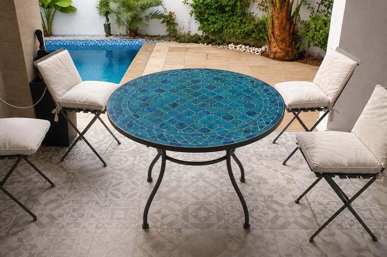 Moroccan Blue Mosaic Table – Handmade Zellige Table