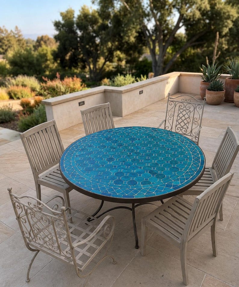 Moroccan Blue Mosaic Table – Handmade Zellige Table