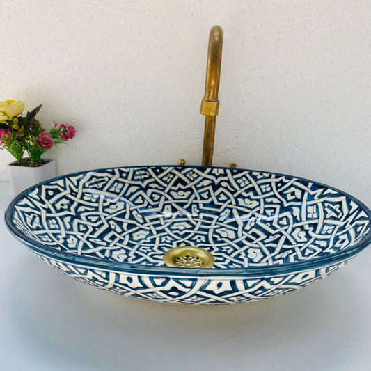 Handmade Moroccan Ceramic Bathroom Sink – Blue & White Geometric Vessel Basin