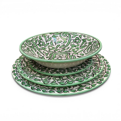 Green Hand-Painted Moroccan Fes Pottery Plates & Bowl – Floral Ceramic Dinnerware
