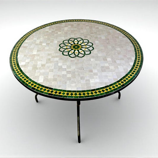 mosaic table from Moroccan fez pottery green and white design