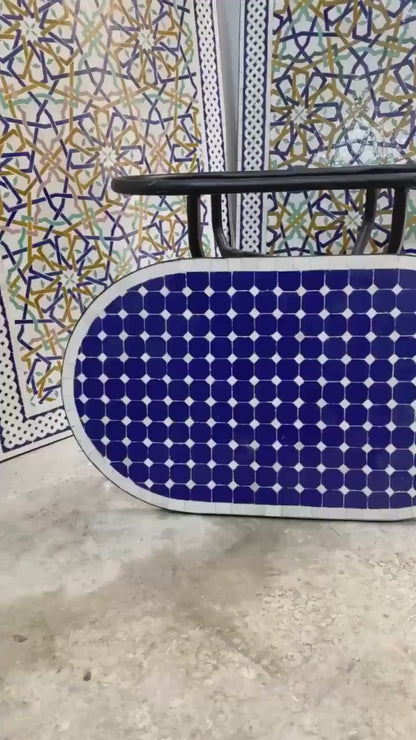 Handmade Moroccan oval  Mosaic Table – Blue & White Zellige Patio Table