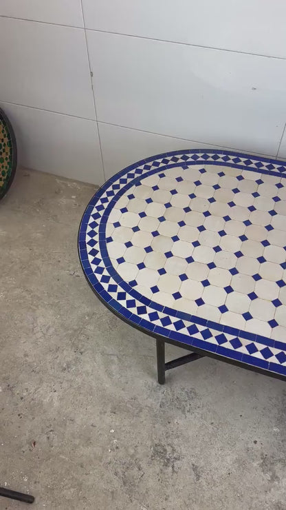 Moroccan fez pottery mosaic oval table – Blue & White Zellige Design