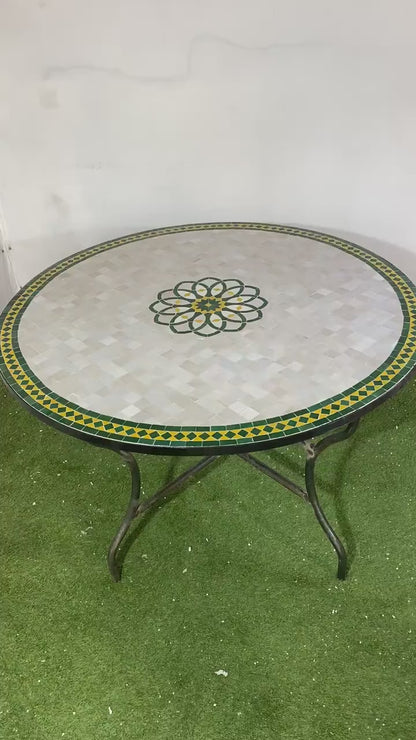 mosaic table from Moroccan fez pottery green and white design