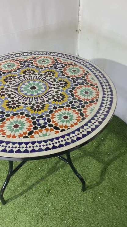 Handmade Moroccan Mosaic Table – Round Fassi Zellige Outdoor Patio Table