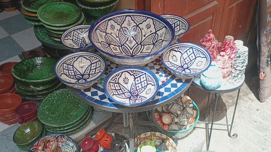 Hand-Painted Moroccan Fassi Ceramic Bowl Set – 6 Small + 1 Large – Traditional Fez Pottery