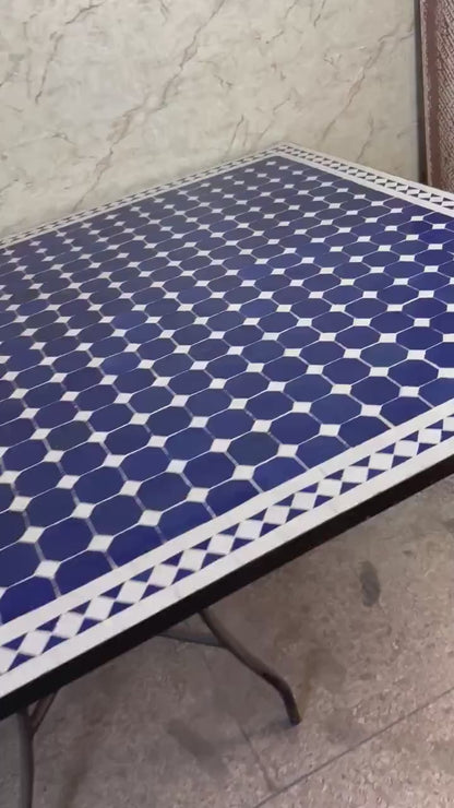 Moroccan Blue and White Zellige Mosaic Outdoor Dining Table – Handmade Fes Pottery