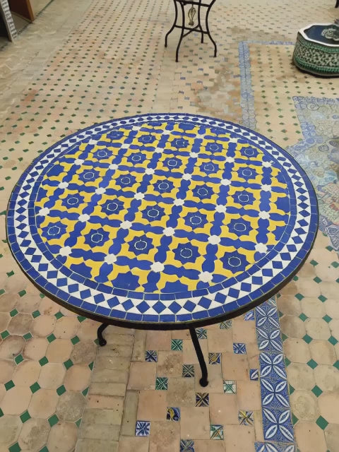 Authentic Handmade Moroccan Mosaic Dining Table – Cobalt Blue & Yellow Zellige Tile Patio Table from Fez