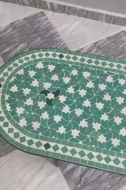 Handmade Moroccan Mosaic Coffee Table – Green & White Oval Zellige Tile Table