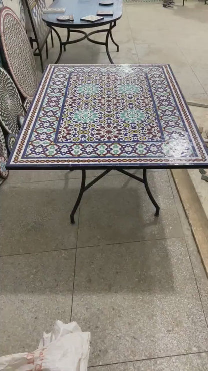 Handmade Moroccan Zellige Mosaic Table – Colorful Fassi Tile Outdoor Dining Table