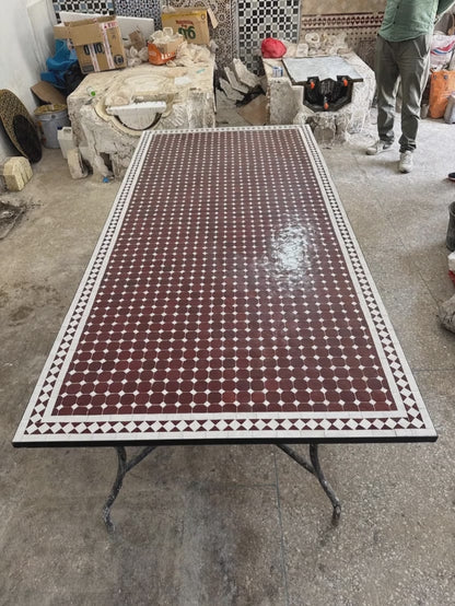 Handmade Moroccan Mosaic Dining Table – Burgundy & White Fassi Zellige
