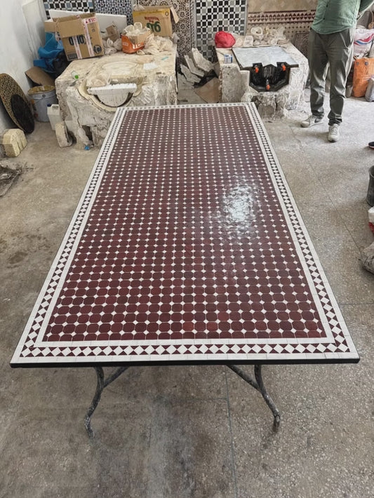 Handmade Moroccan Mosaic Dining Table – Burgundy & White Fassi Zellige