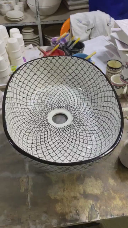 Moroccan Ceramic Vessel Sink – Green & Black & Gray Fish Scale Design