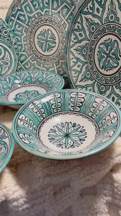 Green hand painted Moroccan fez pottery plates dishwasher and microwave safe