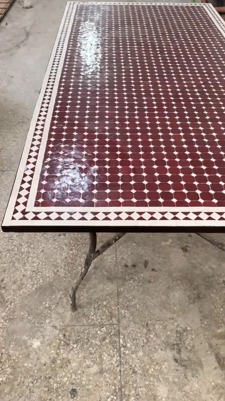Handmade Moroccan Mosaic Dining Table – Burgundy & White Fassi Zellige